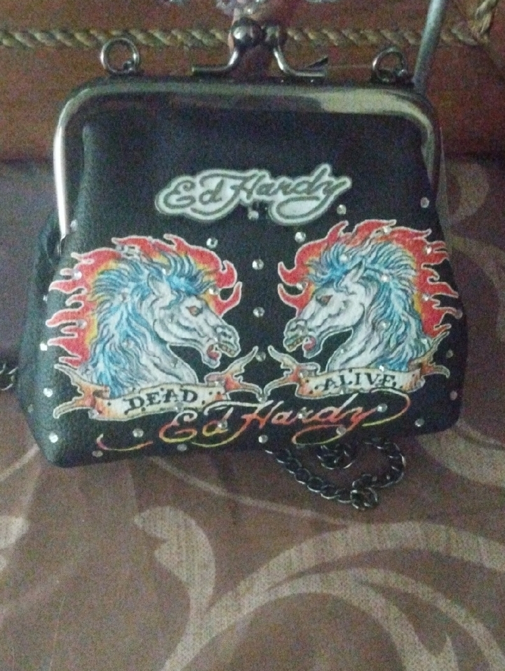 Ed Hardy Black Chain-Handle Crossbody with Colorful Unicorn Graphic - Picture 8 of 8
